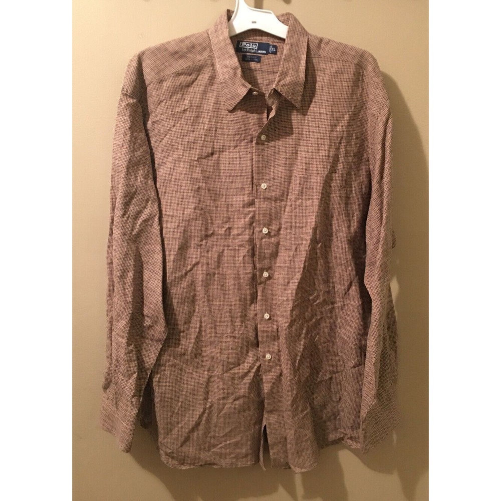 Polo Ralph Lauren Merrin 100% Linen Long Sleeve Button Down Tan Plaid Men’s XL